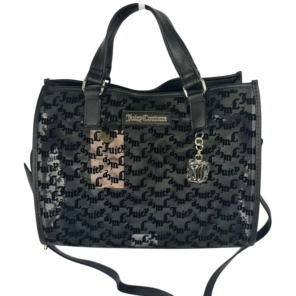 Juicy Couture Black Mesh Gothic Logo Satchel Crossbody‎ Bag Gold Tone Hardware